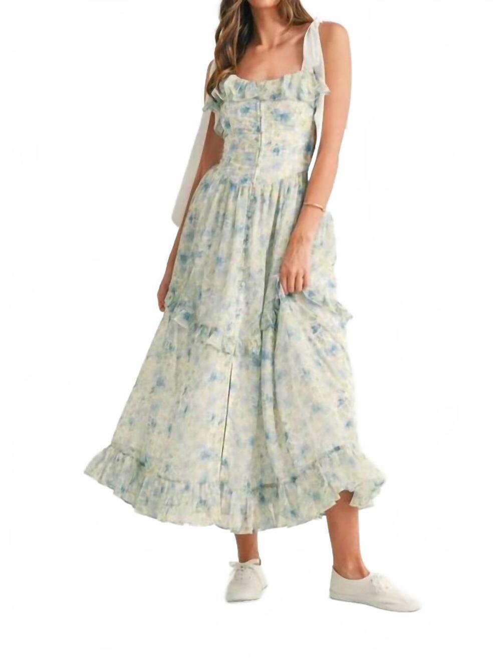 NEW MABLE floral printed shoulder strap midi dress in blue - Picture 3 of 6